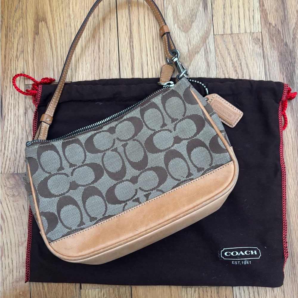 Coach Signature C Jacquard Wristlet Shoulder Bag Brown Tan Leather + Dust Bag